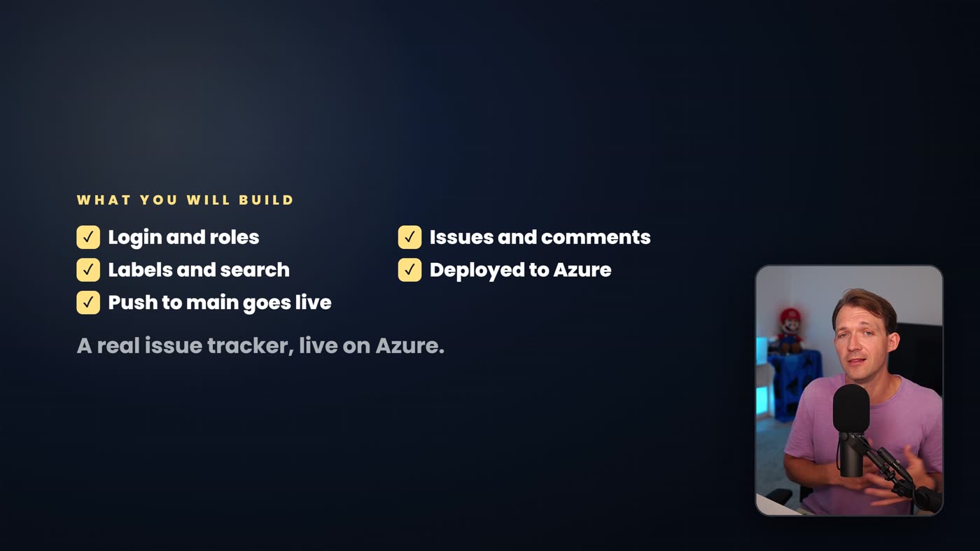 Course slide listing what you build: login and roles, issues and comments, labels and search, deployed to Azure